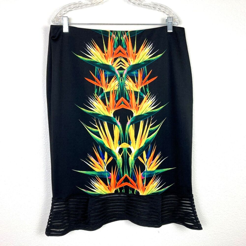 Bisou Bisou Women's A-Line Midi Skirt Size XXL Black Tropical Resort Cruise